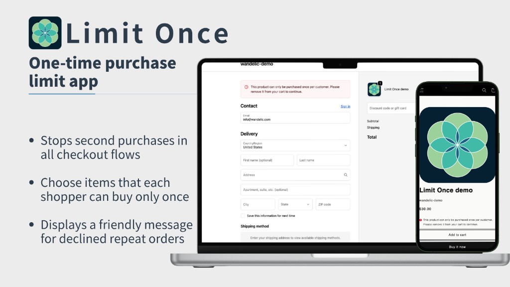 Limit Once app screenshot showing one purchase per customer settings for Shopify